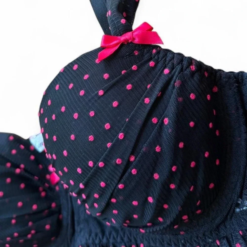 Y2K Linea Donatella Black & pink polka dot babydoll w/ underwire & bow Size M‎